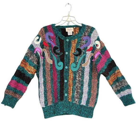 Jaclyn Smith Vtg 90s MultiColor Wild Pattern Embellished Cardigan Sweater Medium - Picture 1 of 8
